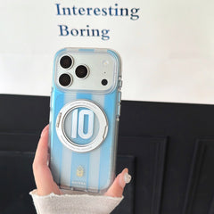 A hand holding an aesthetic blue and white Argentina 10 jersey phone case.