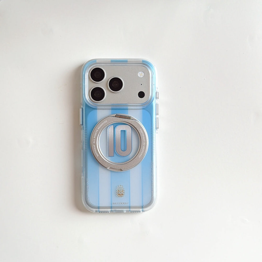 Back view of an Argentina football jersey iPhone case with number 10 on a solid white background.