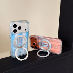 Two Argentina jersey kickstand iPhone cases in blue and pink colors standing on a black ledge.