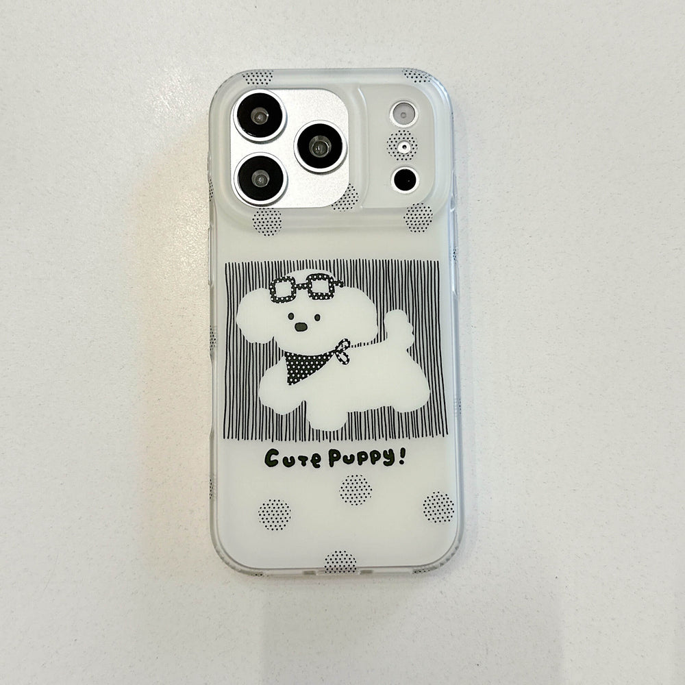 Front view of a black cute dog iPhone case with transparent edges.