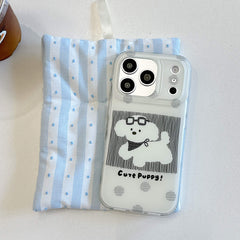 Black cute puppy iPhone case displayed on a blue striped pouch.