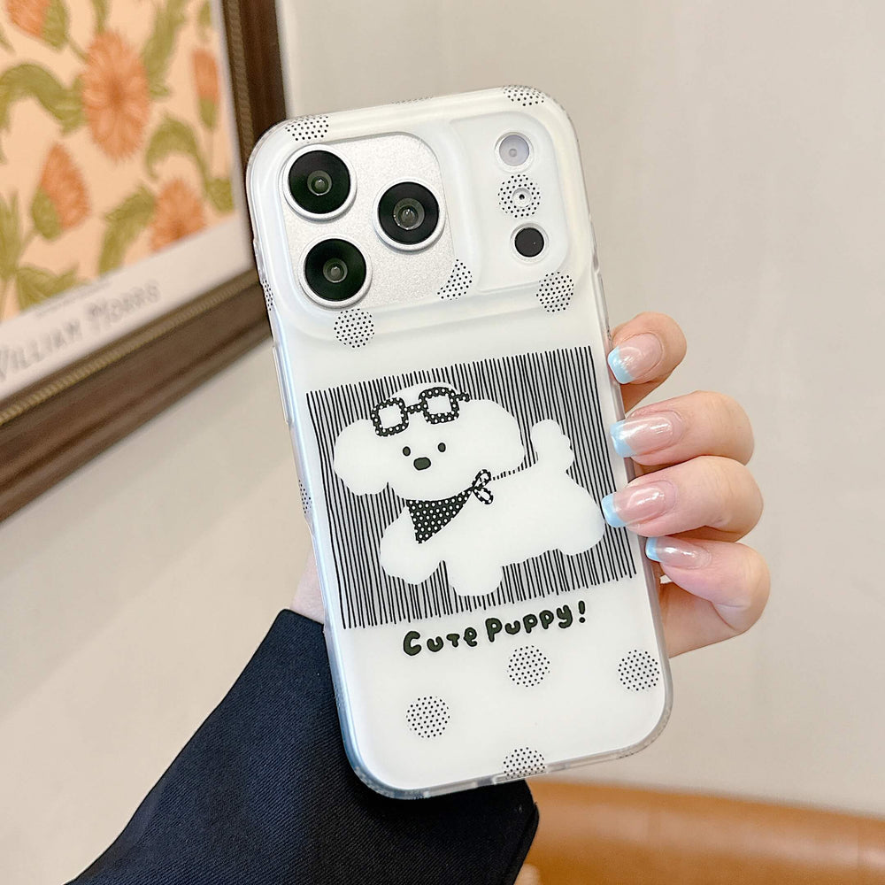 Hand holding a black puppy iPhone case with clear bumper.