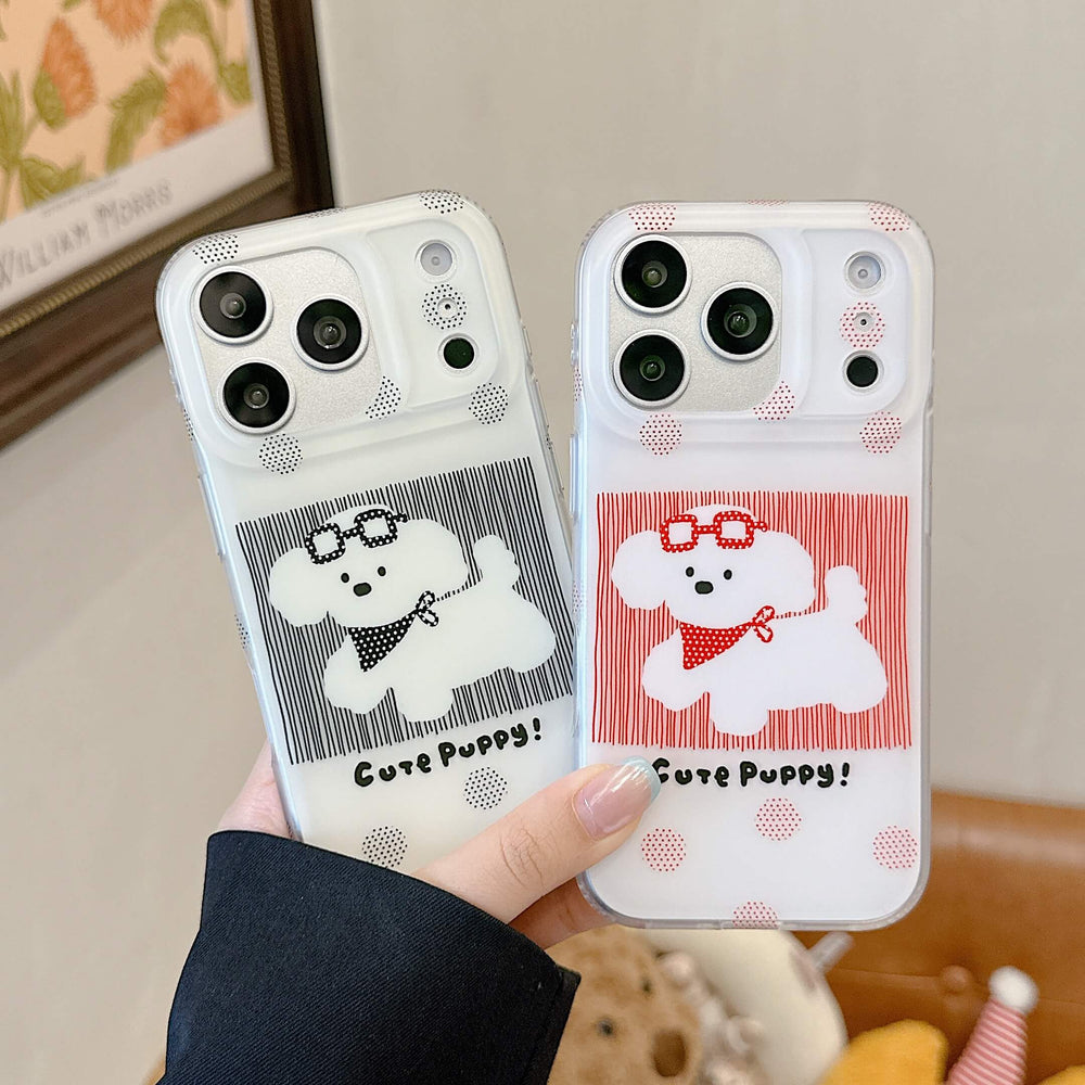 Black and red cute puppy iPhone case color options held together.