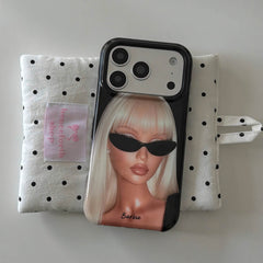 Front view of a black Y2K girl iPhone case with a raised camera frame.