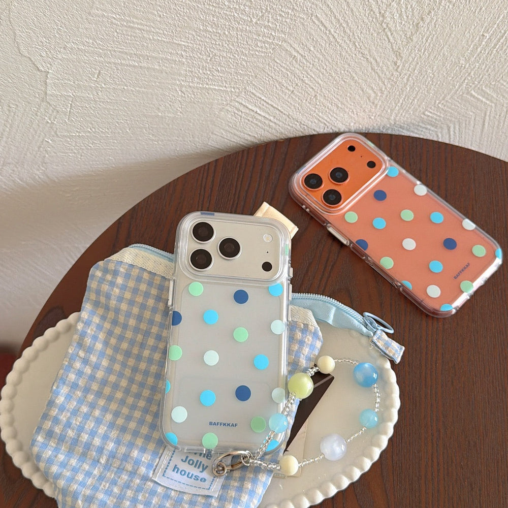 Blue mint polka dot iPhone case on plate