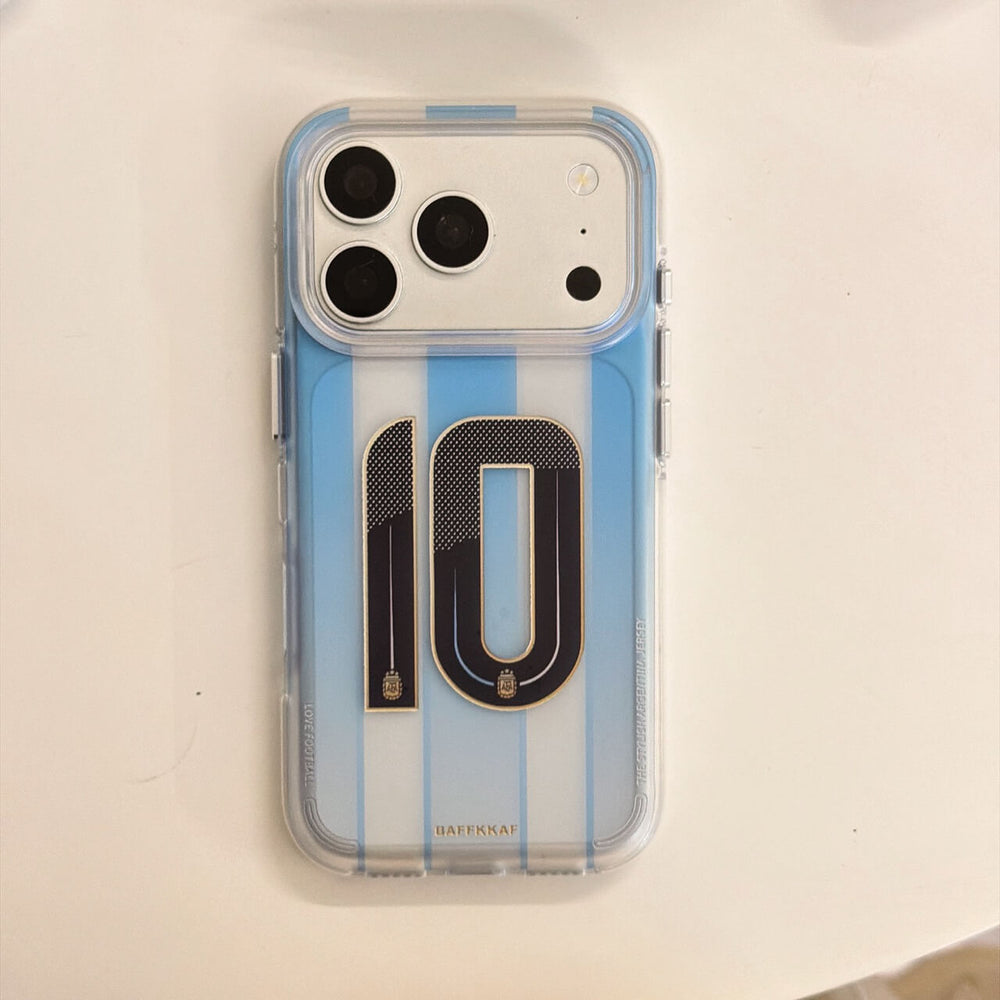 Blue striped soccer jersey iPhone case with No.10 graphic on white background