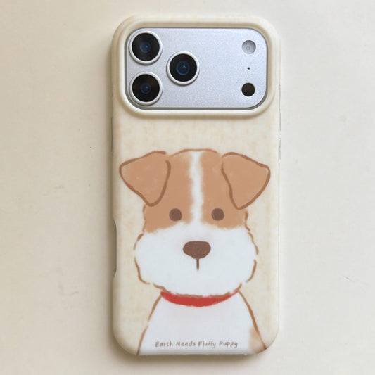 Front product view of a brown and white puppy iPhone case with cream frame.