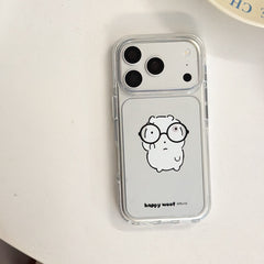 A clean flat-lay studio shot of the cartoon glasses dog mirror iPhone case with clear bumper on a pure white background.