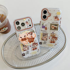 Two cartoon pig iPhone cases displayed with and without a matching grip.