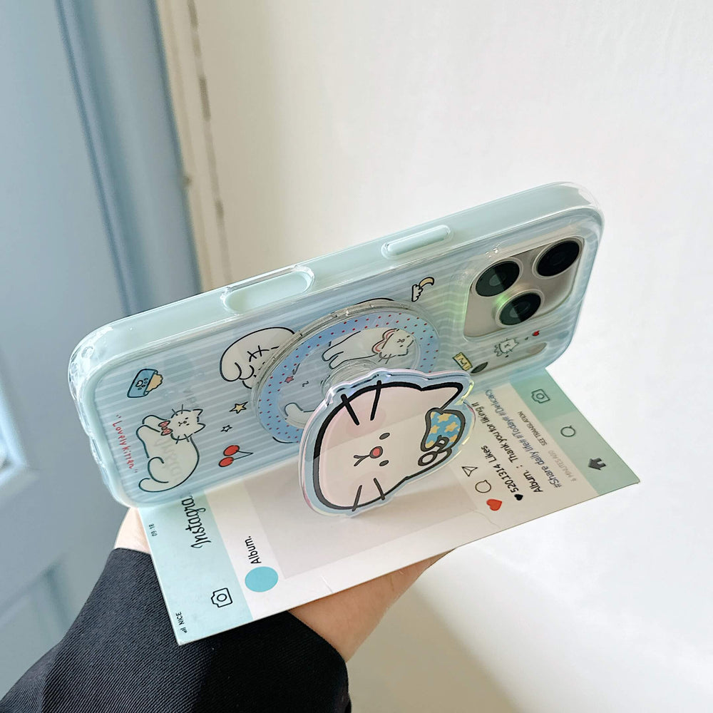 Cat iPhone case using the expandable grip as a stand.