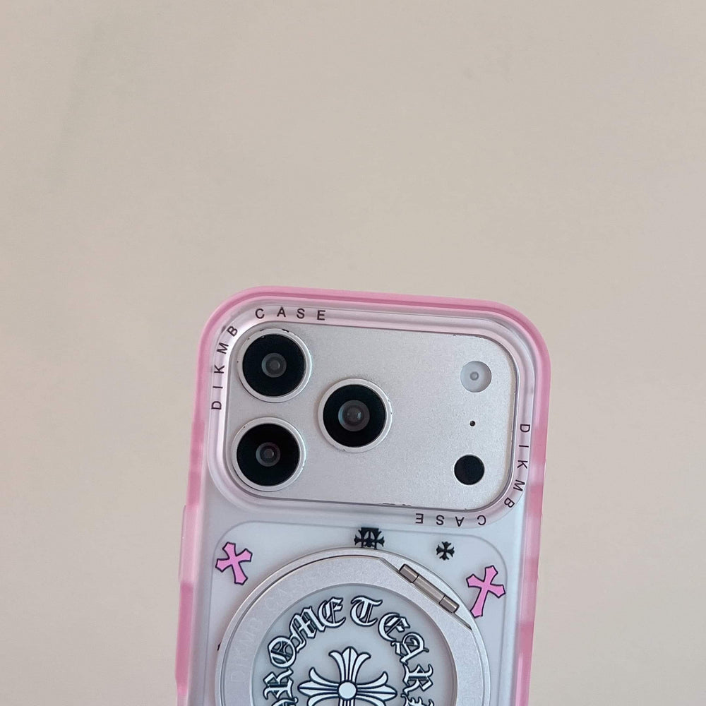 Close up of the camera lens protection on a Chrome Hearts cross phone case.