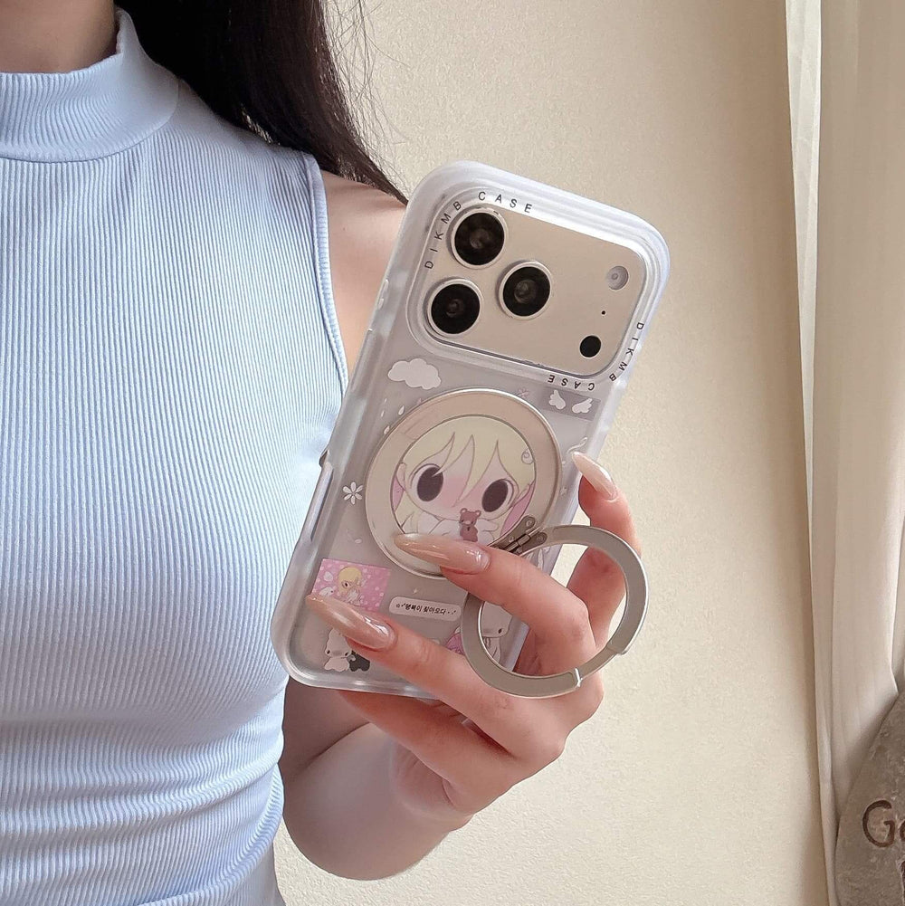 An anime girl kickstand iPhone case leaning against a decorative stone near a bright window sill.