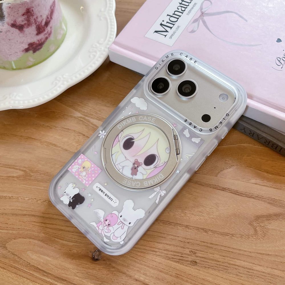 Hand holding a coquette aesthetic anime phone case featuring a protective clear bumper frame.