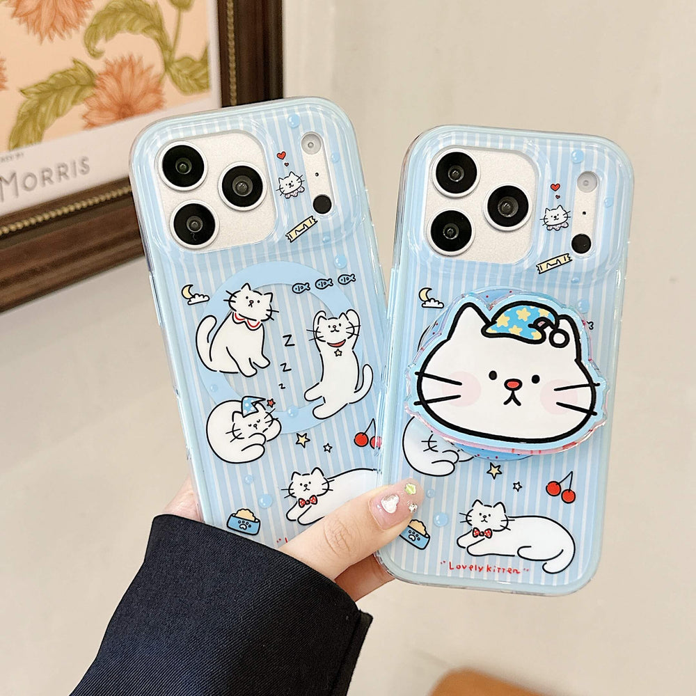 Handheld clear blue iPhone case with white cartoon cats.