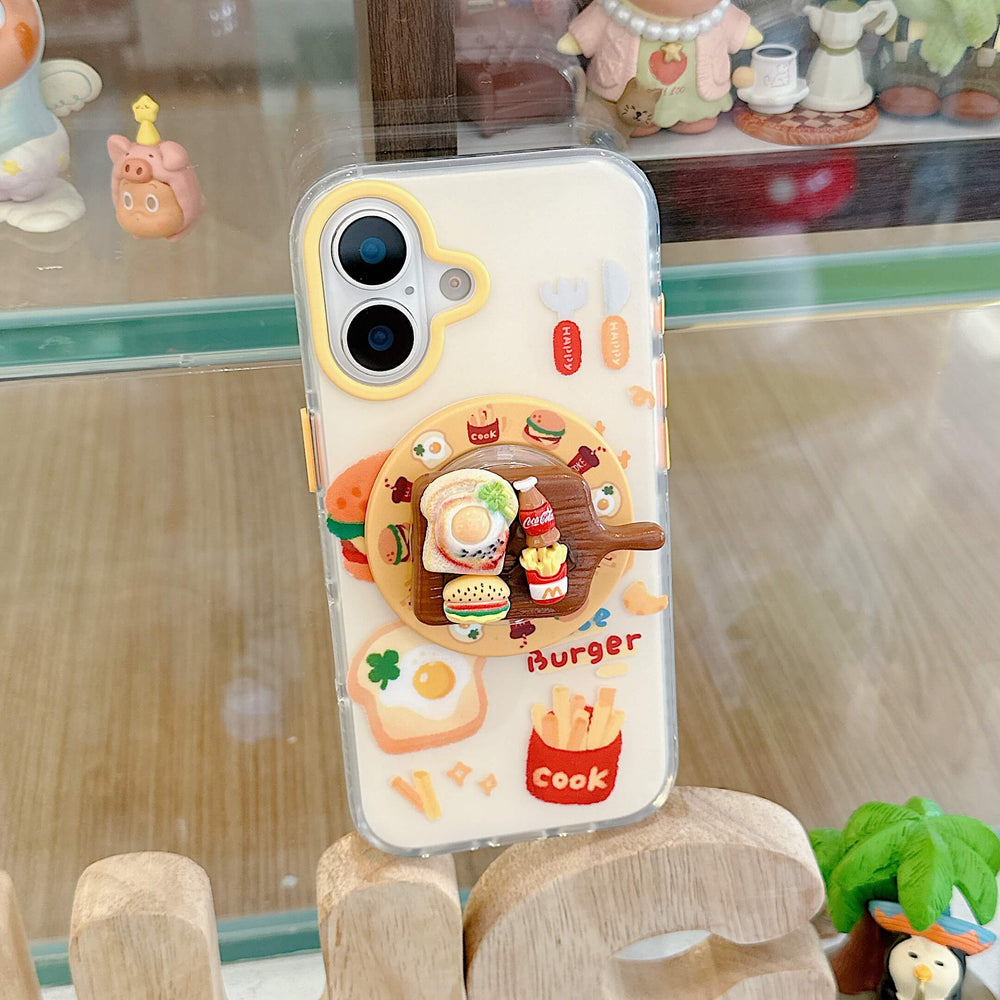 The cute fast food cartoon iPhone case standing vertically in front of a toy display cabinet.