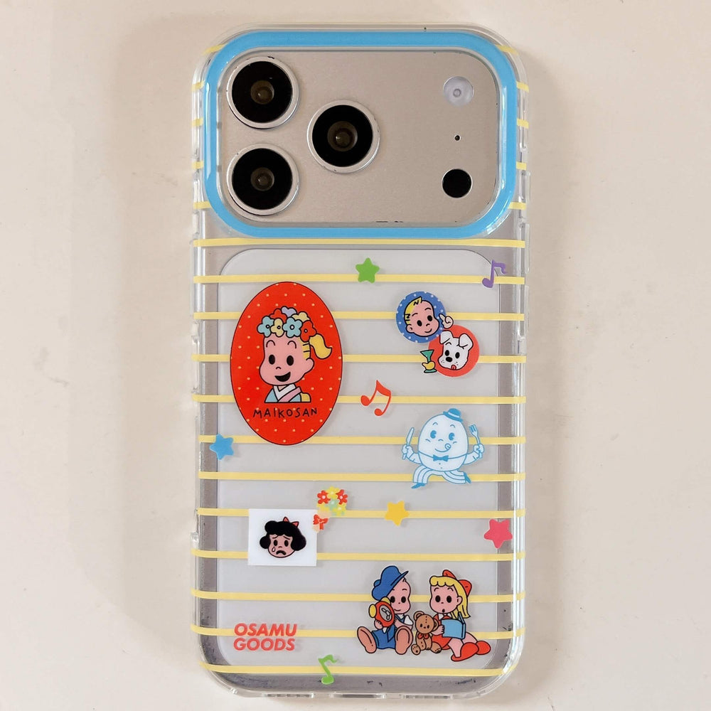 A top-down view of a clear phone case featuring Osamu Goods cartoon characters and yellow horizontal stripes.