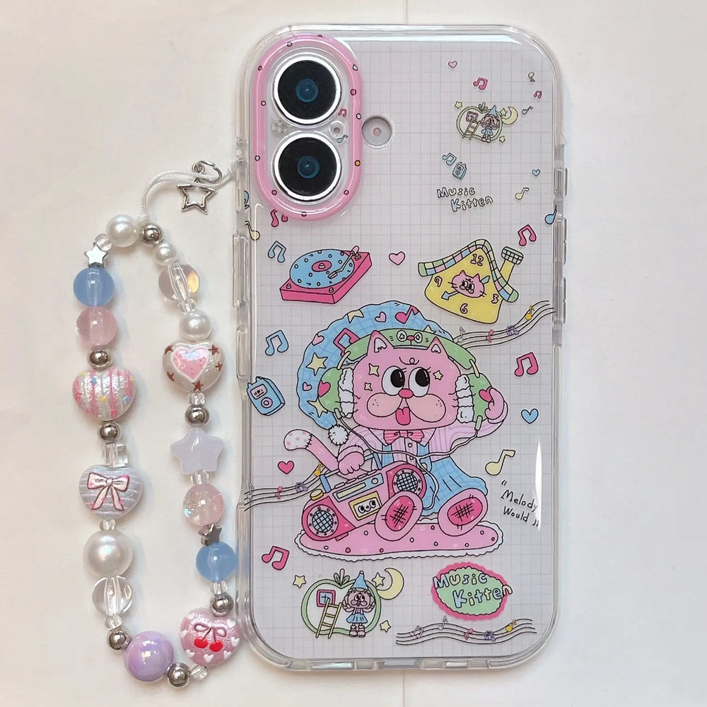 Flat lay of a cute pink kitten phone case next to a pastel colorful beaded charm lanyard.