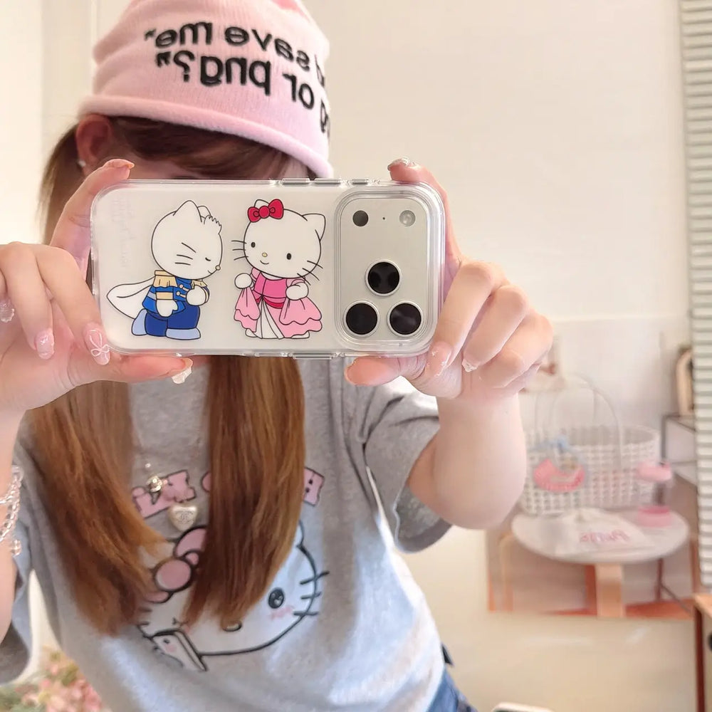 Royal kitty clear iPhone case displayed horizontally by a woman indoors