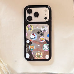 Cute kitty sticker mirror iPhone case with black bumper on white background