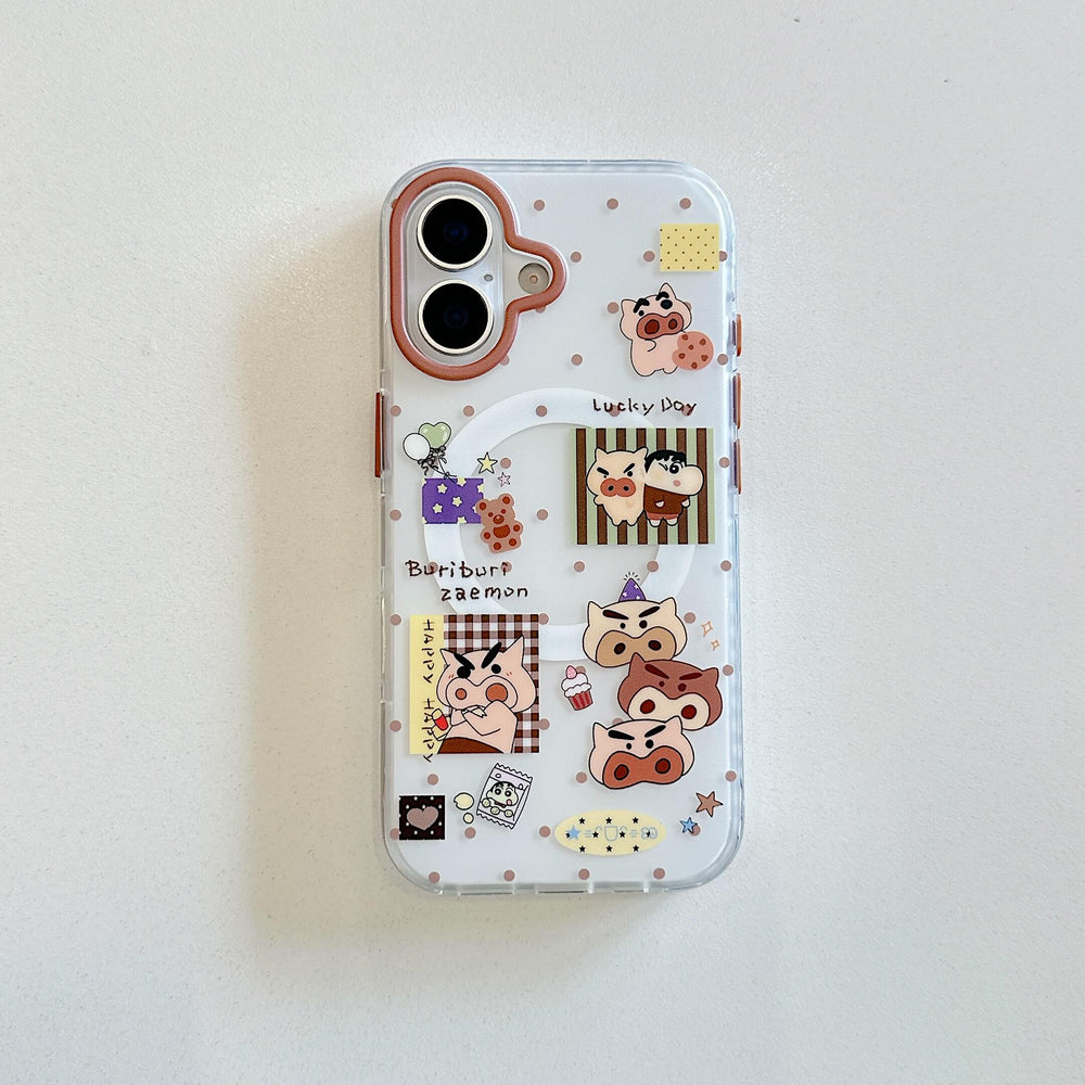 Front view of a clear cartoon pig iPhone case with polka dot collage.