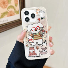 Close-up of a clear cute puppy iPhone case with a red glasses rotating phone grip.
