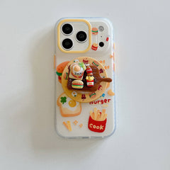 Flat lay view of the clear kawaii fast food phone case equipped with a 3D breakfast platter pop socket.