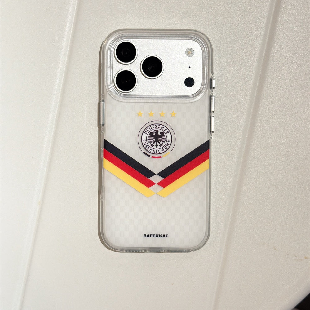 Product flatlay of the silver Germany national team mirror iPhone case on a clean textured surface.