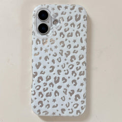 White glossy iPhone case with reflective silver foil leopard print and star details.