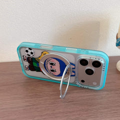 A Labubu soccer phone case propped up horizontally on a table for hands-free viewing.