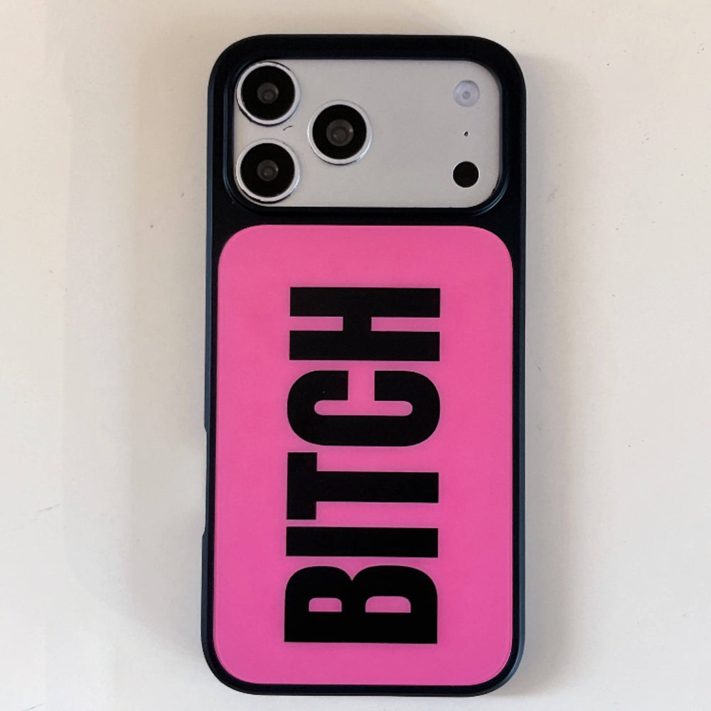 Full vertical back view of a hot pink phone case featuring a bold black typography design