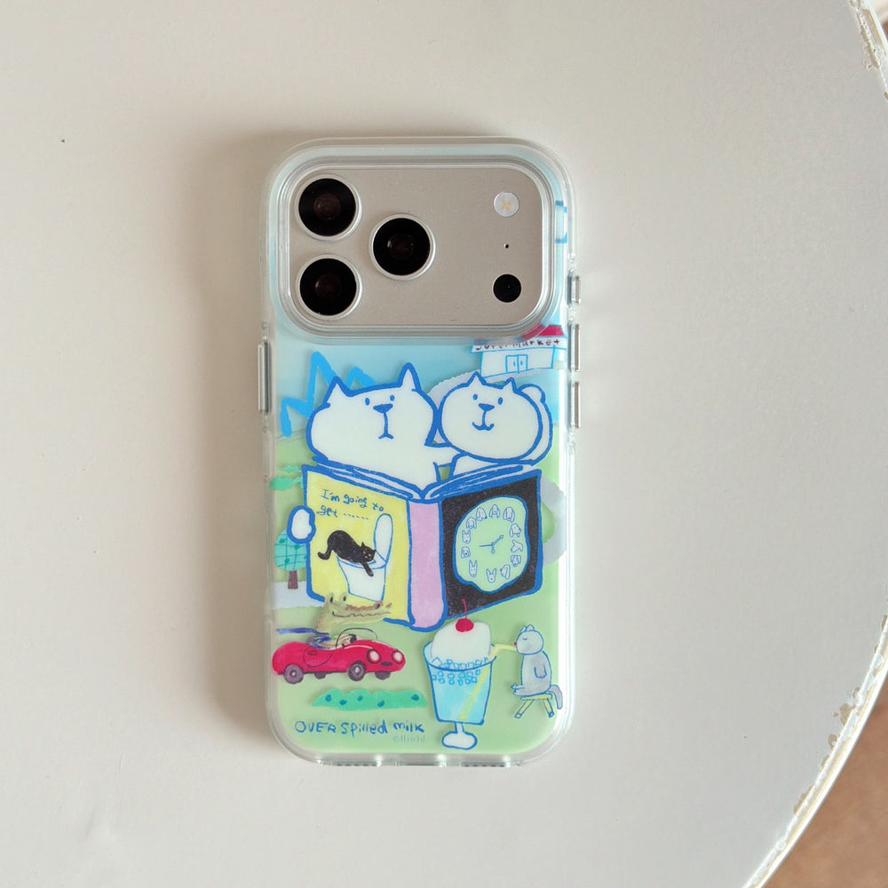 Product photography of an isolated clear iPhone case printed with a cute hand-painted cartoon cat illustration.
