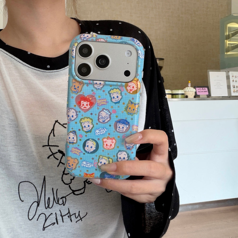 A woman wearing a Hello Kitty t-shirt holding a kawaii blue grid phone case with a silver camera frame.