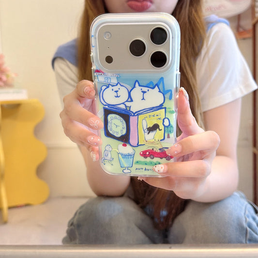 A girl holding a clear iPhone case with a cute hand-drawn white cat illustration for a close-up mirror selfie.