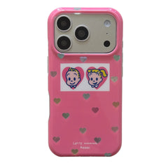 A flat lay view of a kawaii Osamu Goods rose pink heart iPhone case with a matte silver camera plate.