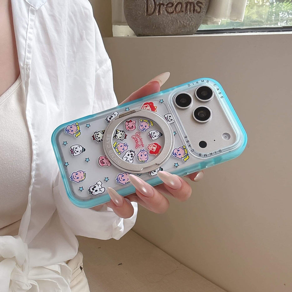 Full back view of a kawaii retro cartoon clear iPhone case with a cyan jelly bumper and silver ring stand.