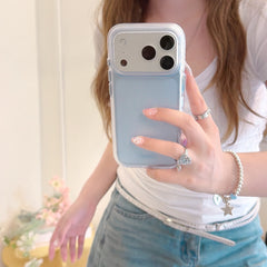 Close-up of a light blue BAFFKKAF phone case with a silver camera protection module held during a selfie.