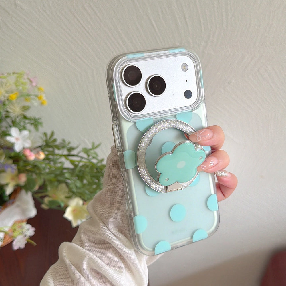 Mint magnetic flower stand iPhone case in hand