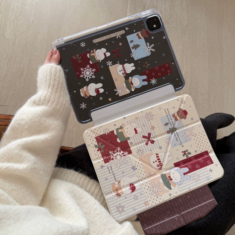 Demonstration of a 2-in-1 magnetic detachable Miffy iPad case laid open on a lap, showing how the aesthetic winter bunny folio cover separates from the clear protective back shell.