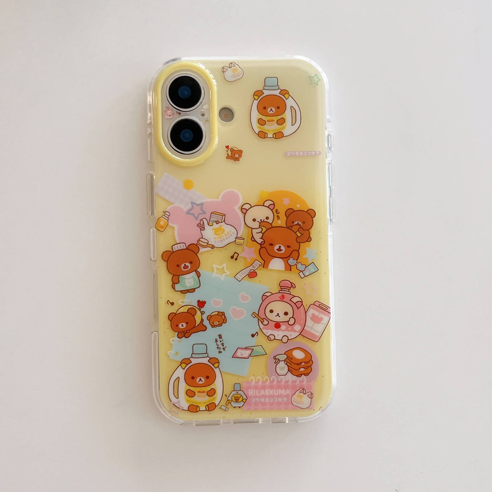 A clear, shockproof iPhone case featuring cute pastel yellow cartoon bear illustrations, centered on a plain white background.