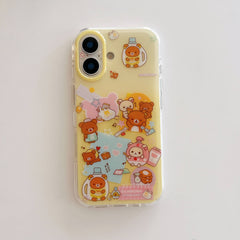 A clear, shockproof iPhone case featuring cute pastel yellow cartoon bear illustrations, centered on a plain white background.