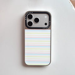 Product flatlay of the minimalist pastel stripe iPhone case with a black lens trim on a clean white surface.