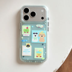 Product shot of an isolated mint green clear phone case with happy cat, dog, and summer drink stickers on a white table.