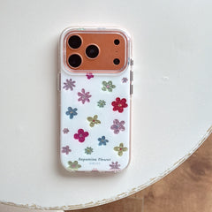 Flat lay of an orange frame dopamine flower clear phone case isolated on a clean white surface.