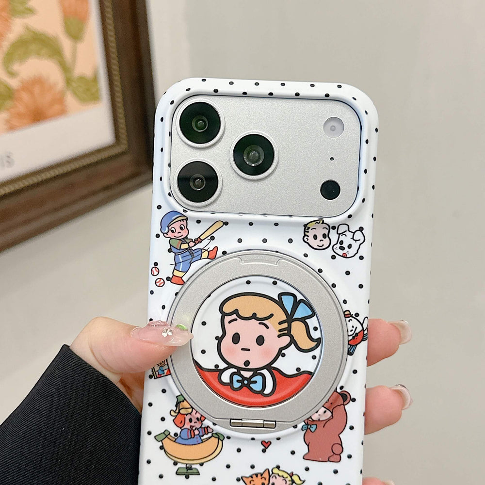 Close-up view of the cute polka dot cartoon phone case with a girl illustration inside the circular magnetic ring.