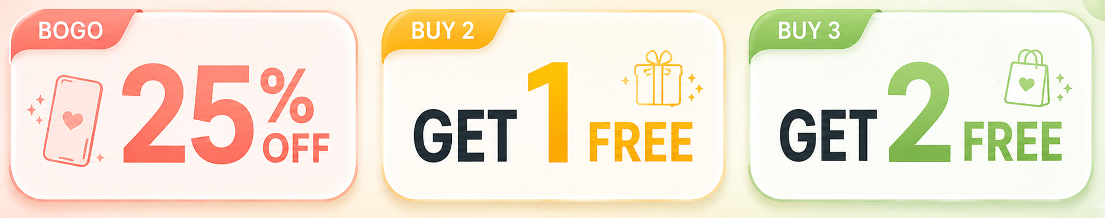 Phone case promotion banner with BOGO 25% off, Buy 2 Get 1 Free, and Buy 3 Get 2 Free offers.