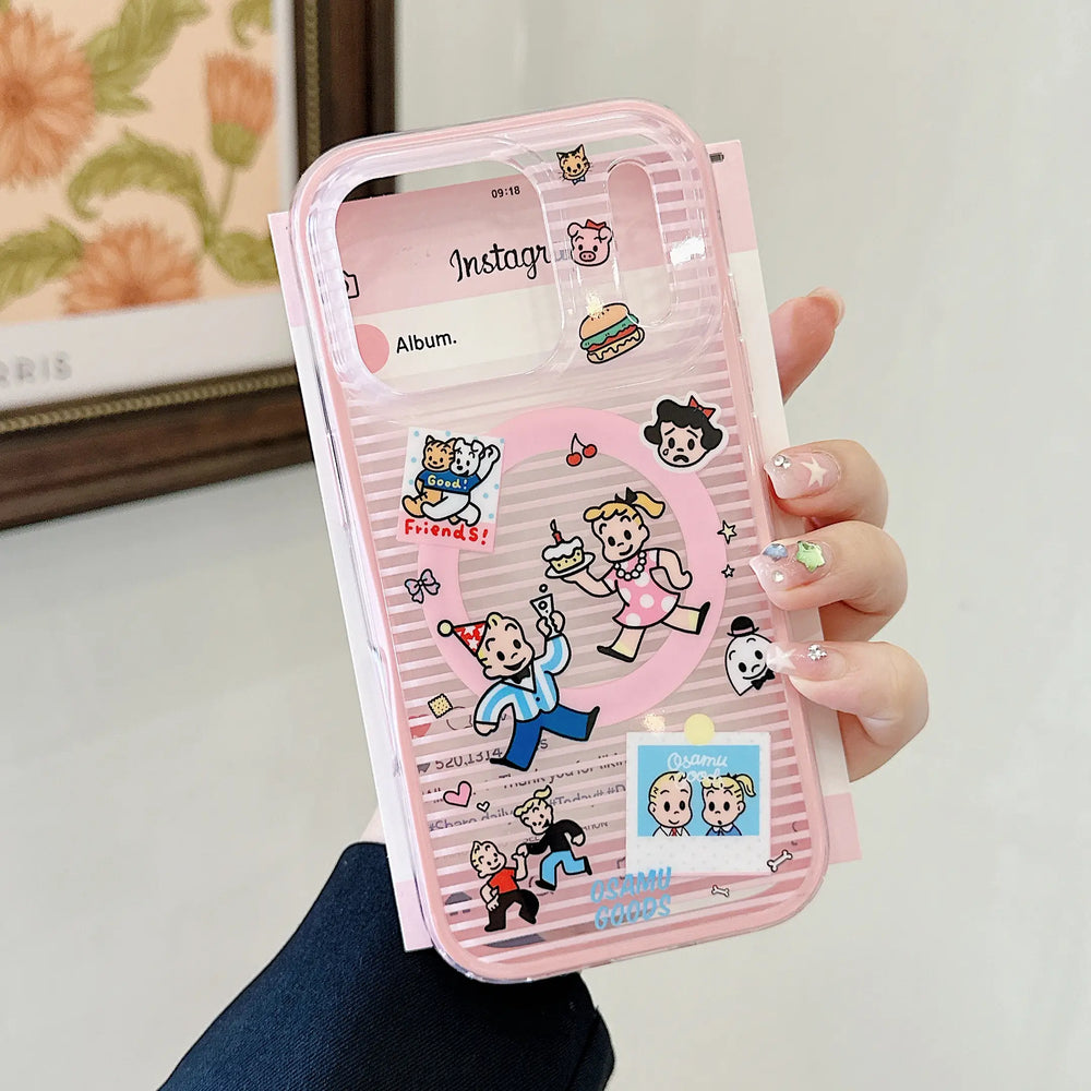 Pink striped clear cartoon iPhone case shell shown without a phone.
