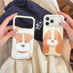 Close-up of two cute puppy iPhone cases with raised camera protection.