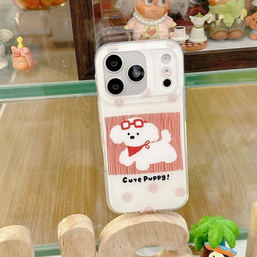 Red cute puppy iPhone case with polka dot design displayed upright.