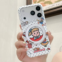 Close-up of the retro cartoon character polka dot case with a closed silver magnetic ring.