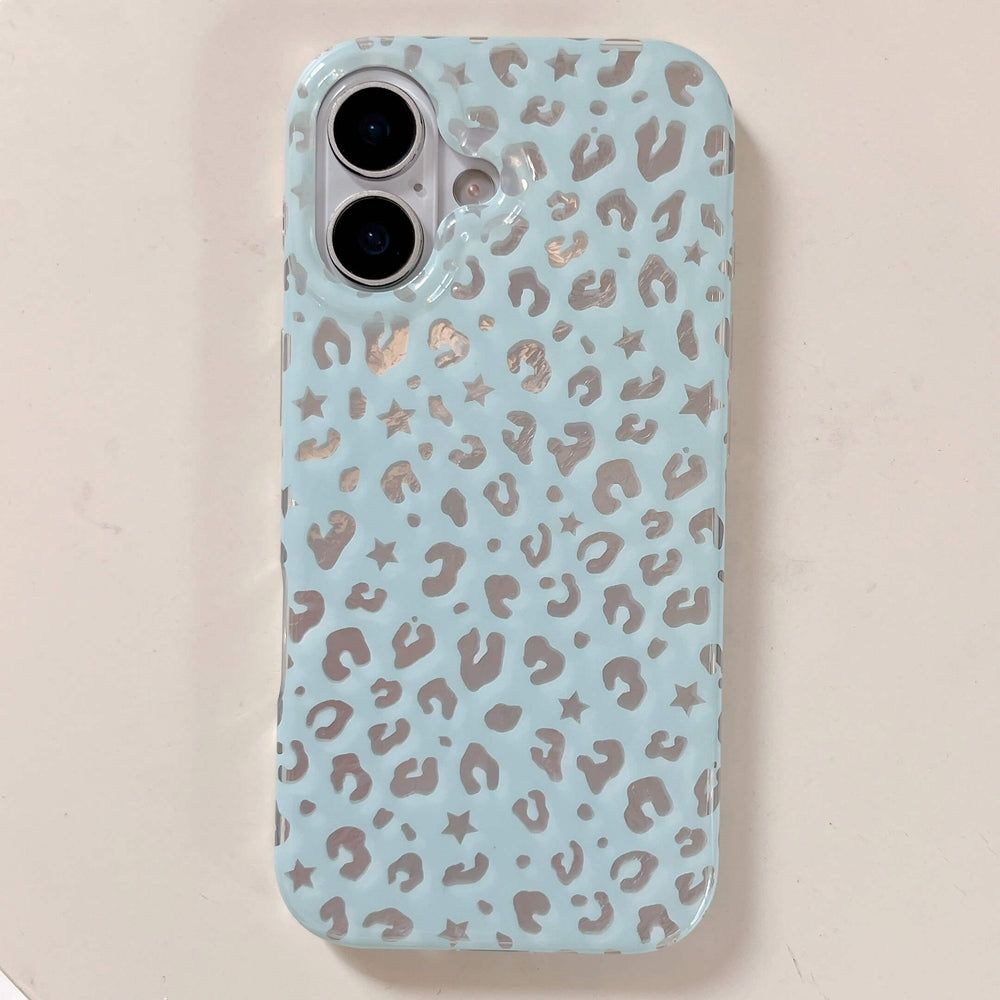 Pastel mint green shiny chrome star leopard phone case featuring clear wavy edges on a white background.